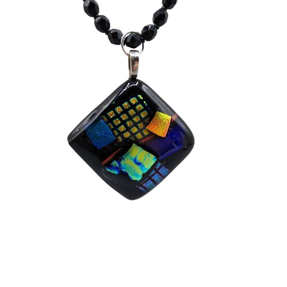 Dichroic Art Glass Modernist Pendant on Black Glass Beaded Chain, Beautiful Vint - Picture 4 of 8